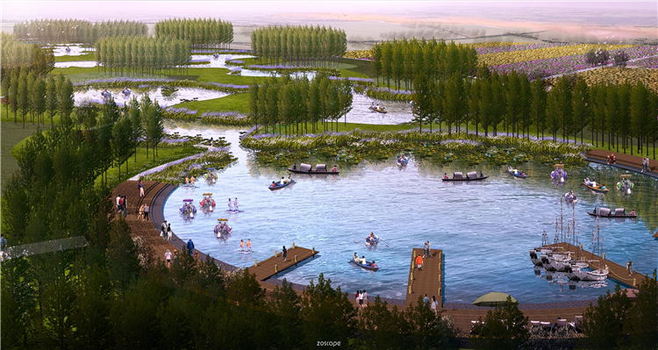 生态水廊道——城市生态绿肺公园景观设计效果图与生态园规划